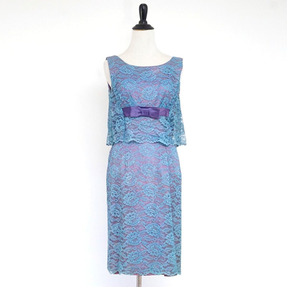 SALE Vintage 60s Blue Purple Sleeveless Lace Sheath Dress XS
